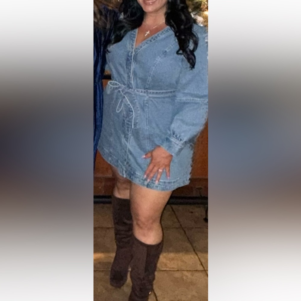 Express Light Blue Denim Wrap Dress with Tie Waist